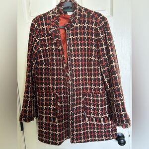 Harve Benard Black, Red & Cream Tweed Fringe Trench Coat